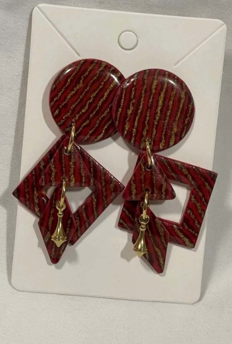 Vintage MAM’ Designs Geometric Resin Statement Earrings (Red & Gold)