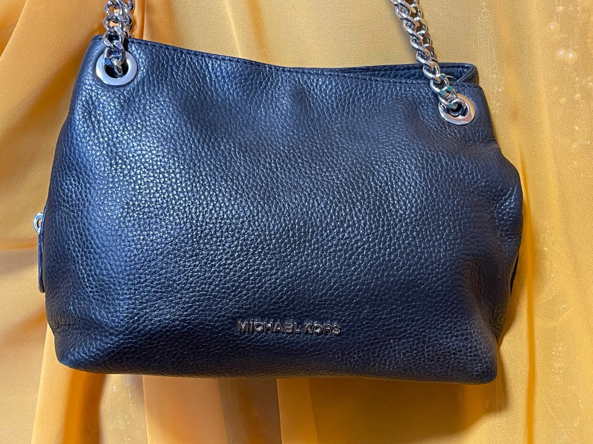Michael Kors Black Pebbled Leather Chain Shoulder Bag Double Compartment