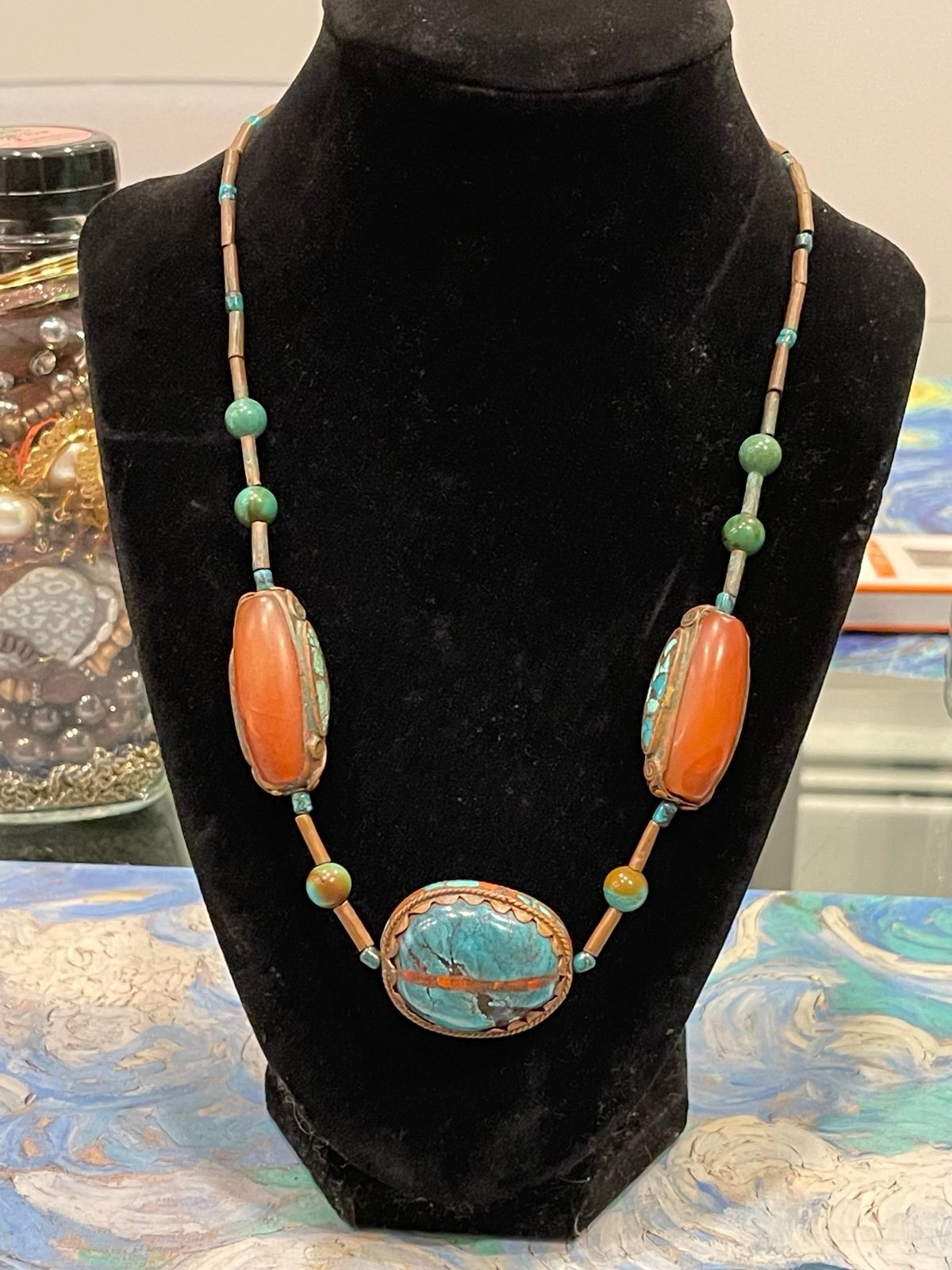 Vintage 60s/70s Brass Coral & Turquoise Scarab 20in Necklace
