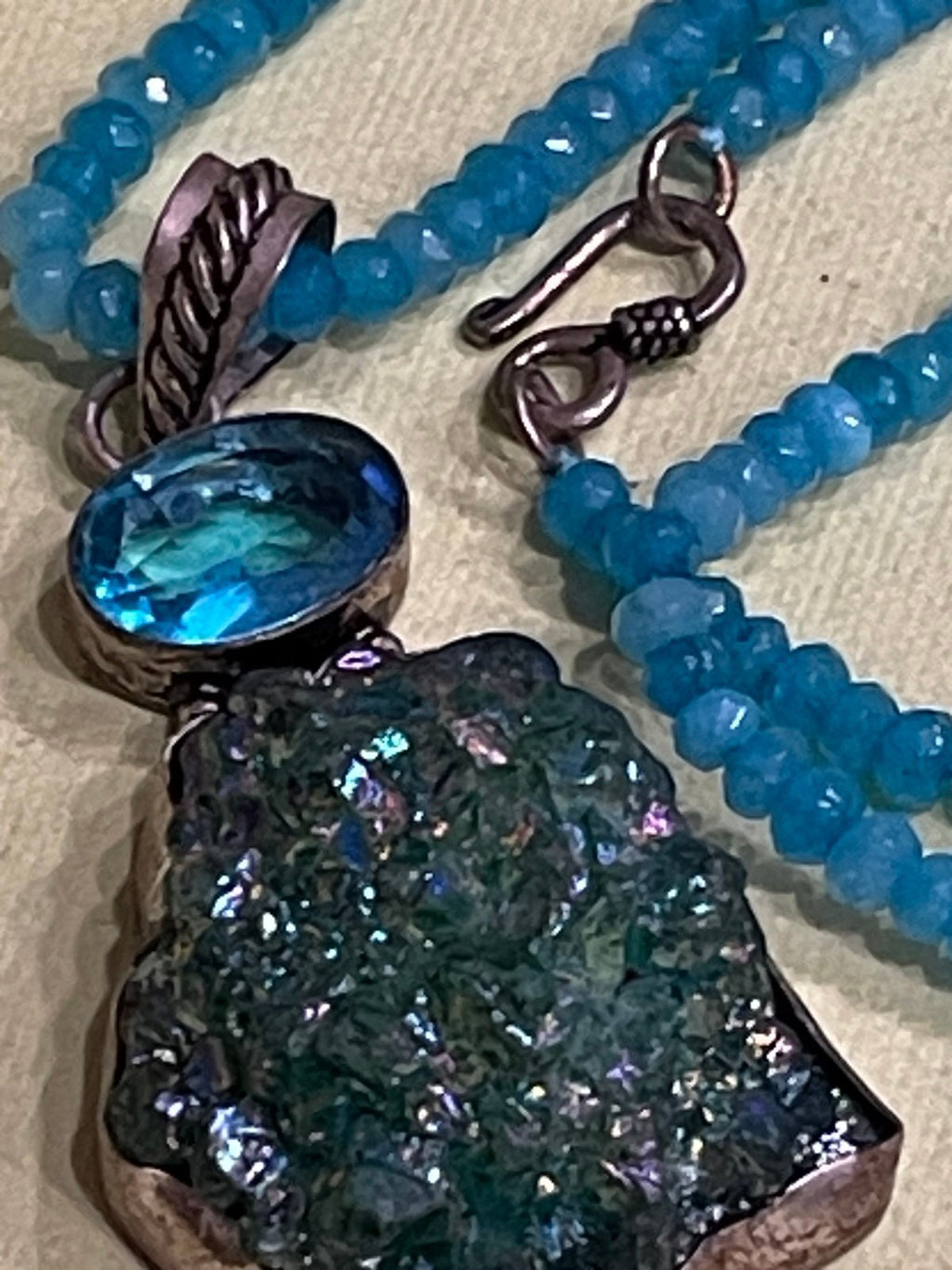 Apatite Bead Necklace w/ Blue Topaz & Titanium Druzy Pendant – 925 Sterling – 18