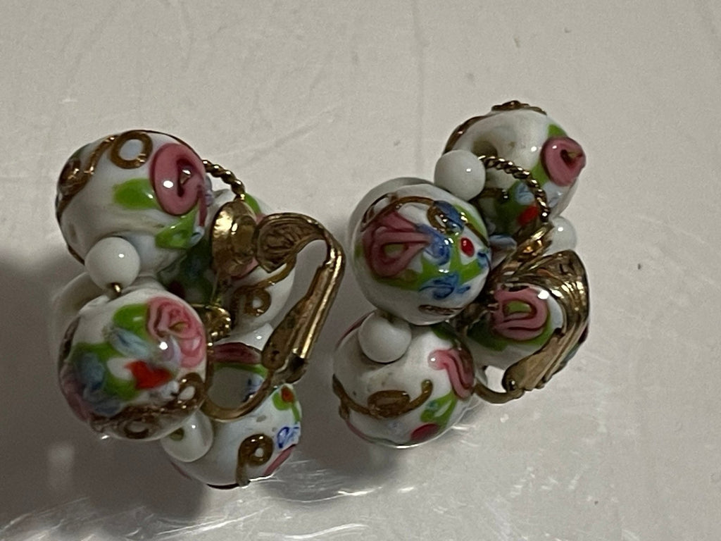 Vintage Hand-Blown Lampwork Italian Wedding Bead Cluster Clip-On Earrings