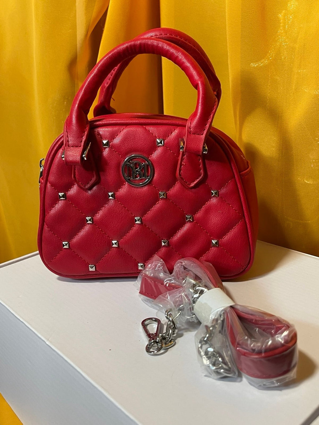 Badgley Mischka Red Quilted Stud Dome Satchel Crossbody Bag NWT