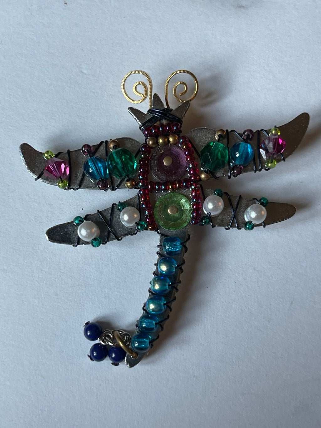 Liztech 1999 Dragonfly Brooch Pin Signed Handmade Wire Wrapped Beaded Artisan