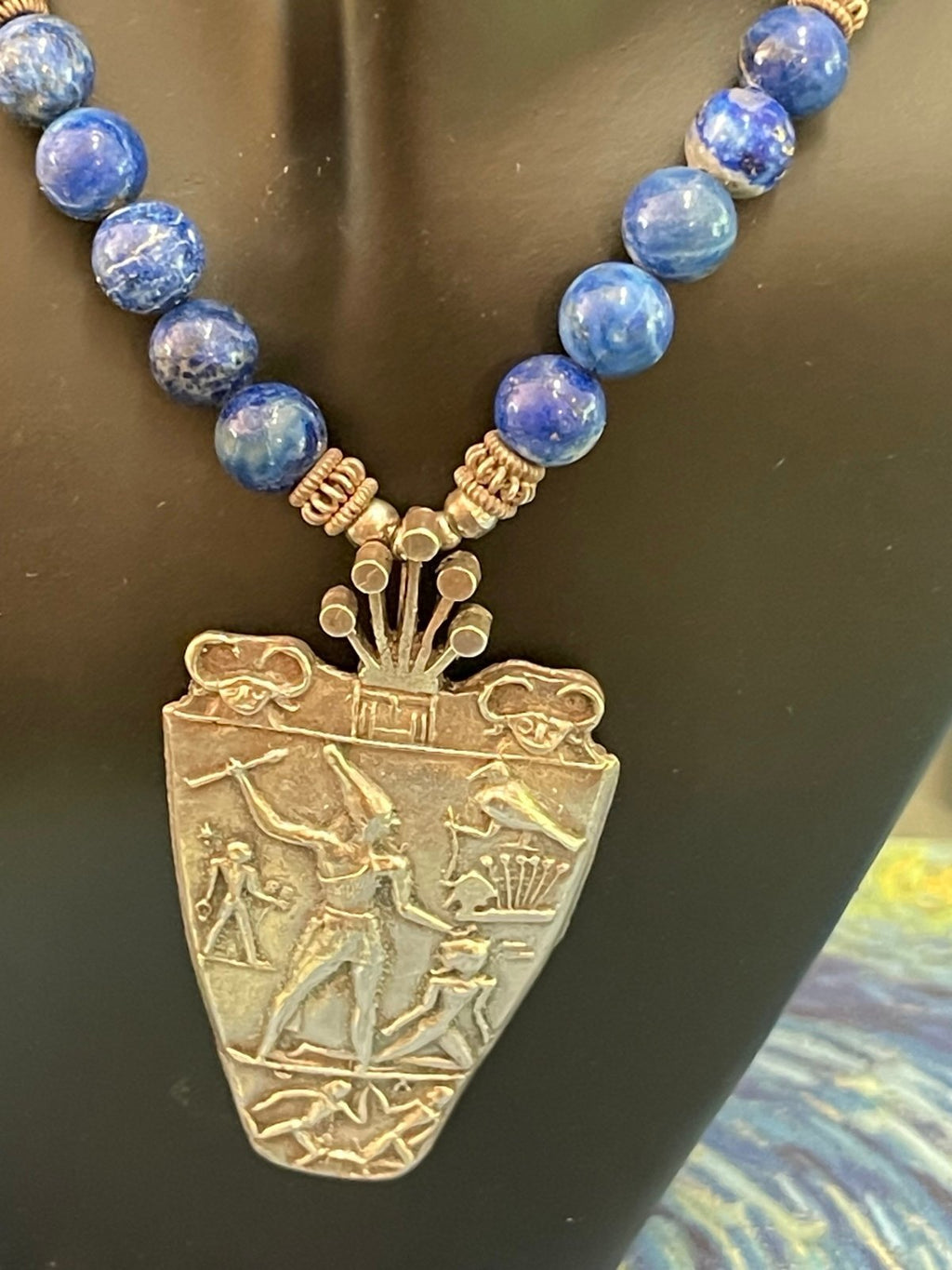 21” Lapis Lazuli Beaded Necklace w/ .925 Sterling Clasp & Egyptian Revival Piece