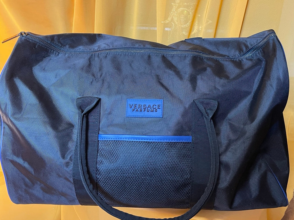 Versace Parfums Black Nylon Duffle Bag Weekender Travel Bag Greek Key Strap