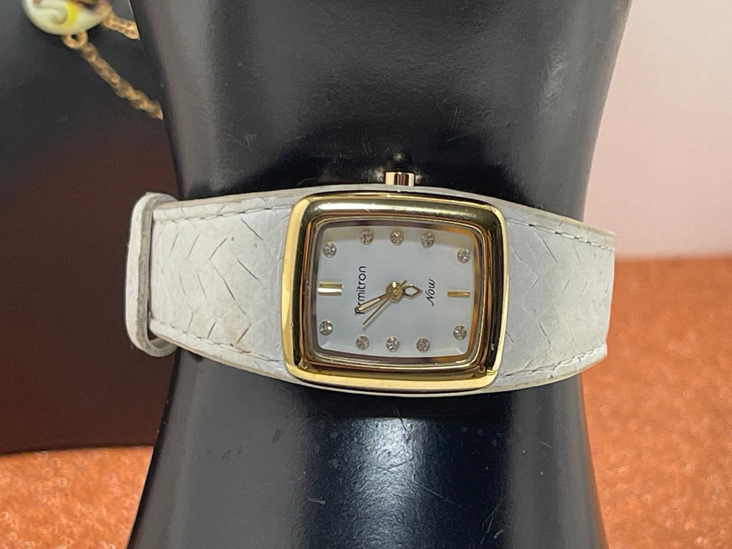 Armitron Now Ladies Goldtone Bezel Rhinestone Accent Dial White Leather Band