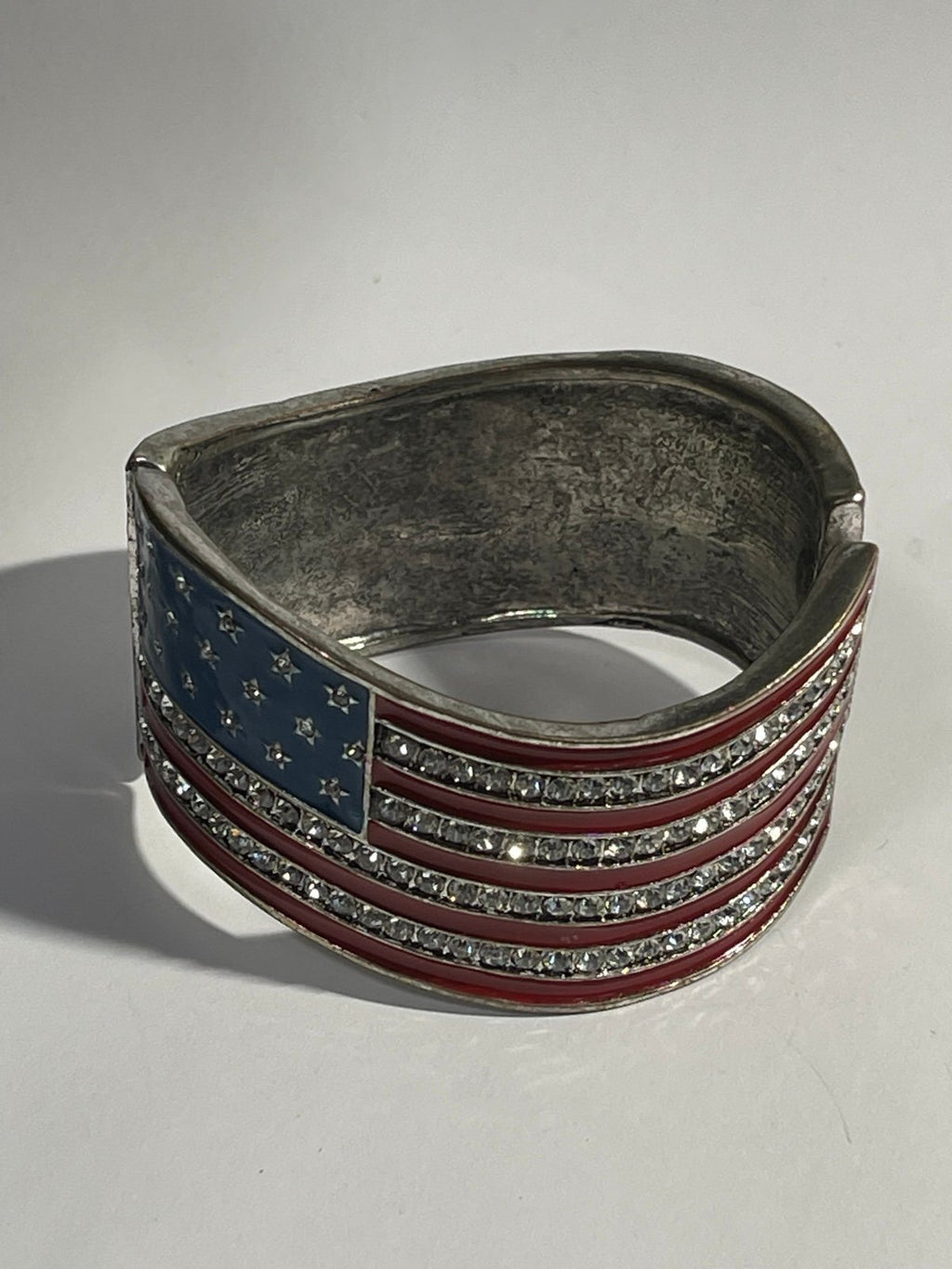 American Flag Gunmetal Tone Rhinestone & Enamel Hinge Cuff Bracelet