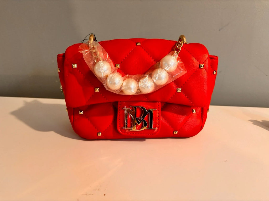 Badgley Mischka Red Quilted Studded Mini Crossbody Bag Pearl Handle NWT