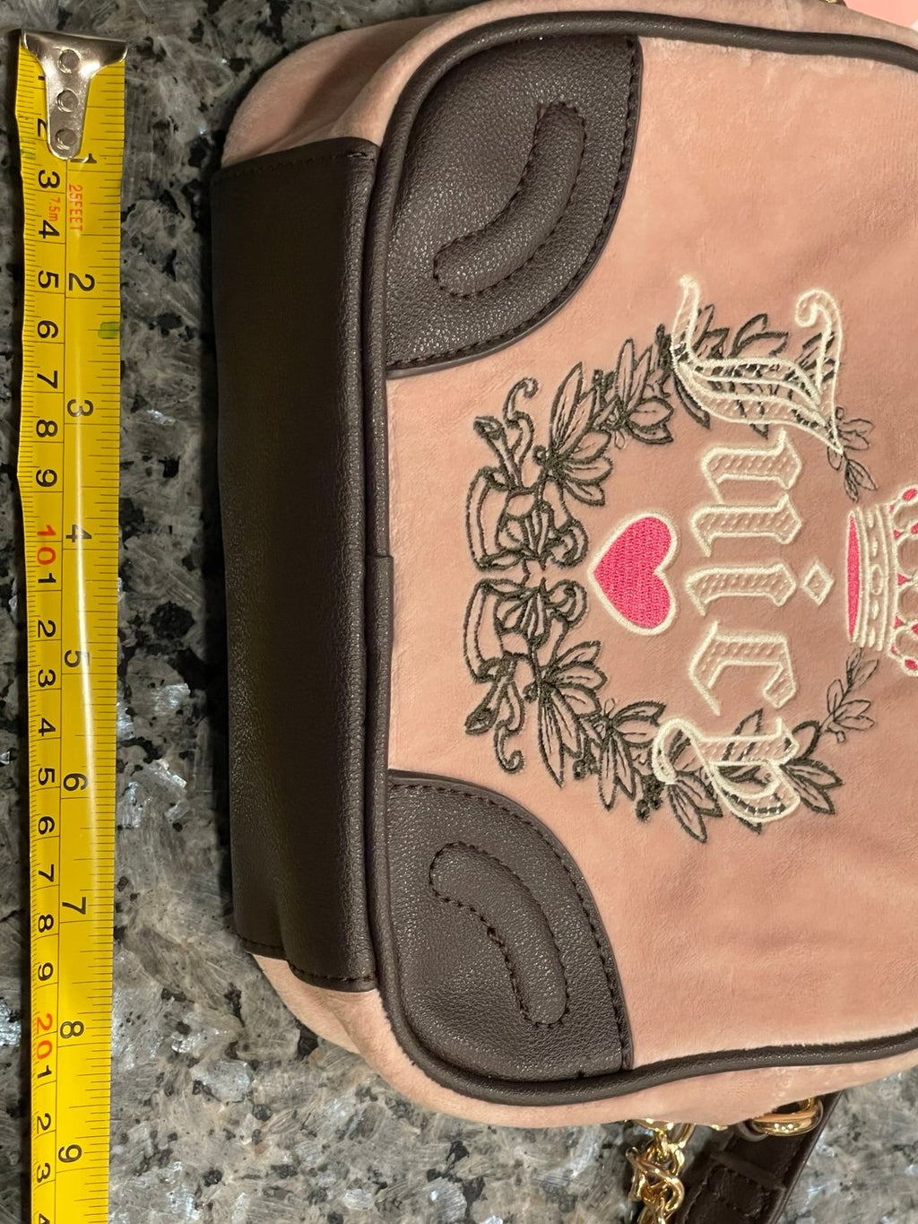 Juicy Couture Heritage Crossbody Dusty Blush Pink Brown Embroidered Heart Crown