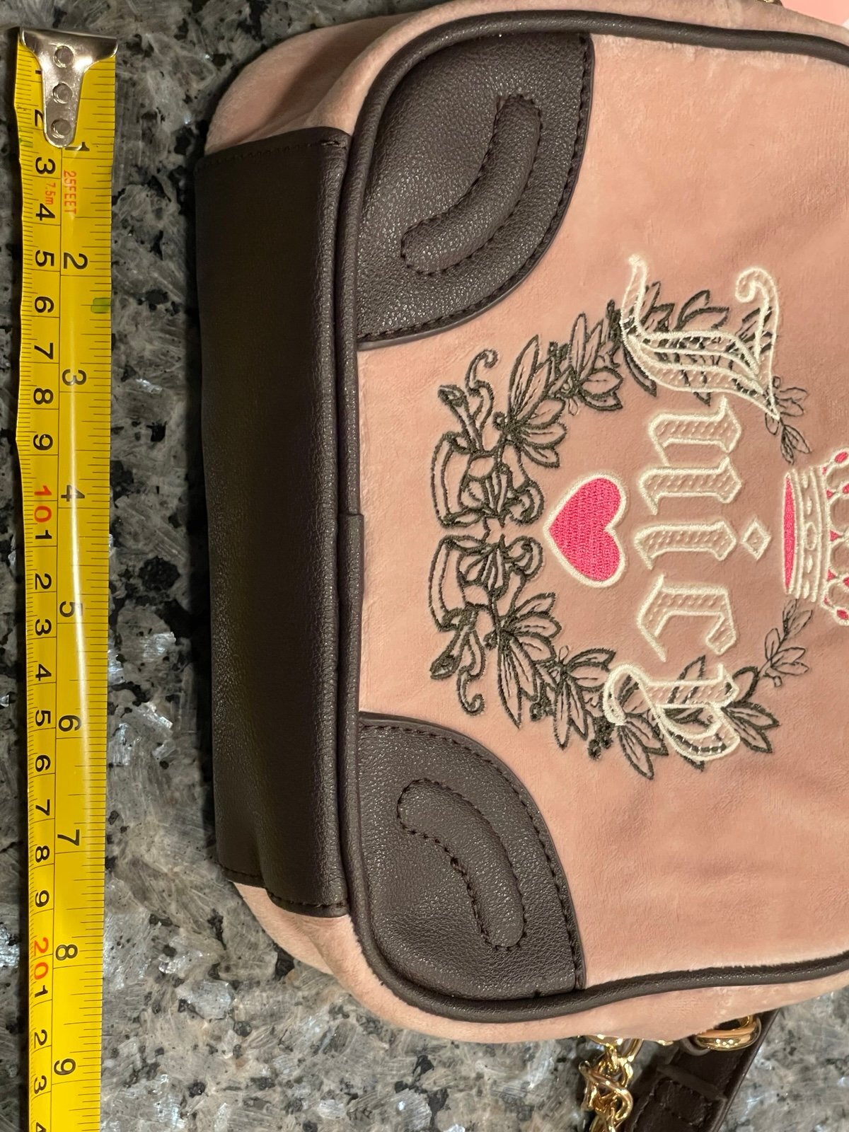 Juicy Couture Heritage Crossbody Dusty Blush Pink Brown Embroidered Heart Crown