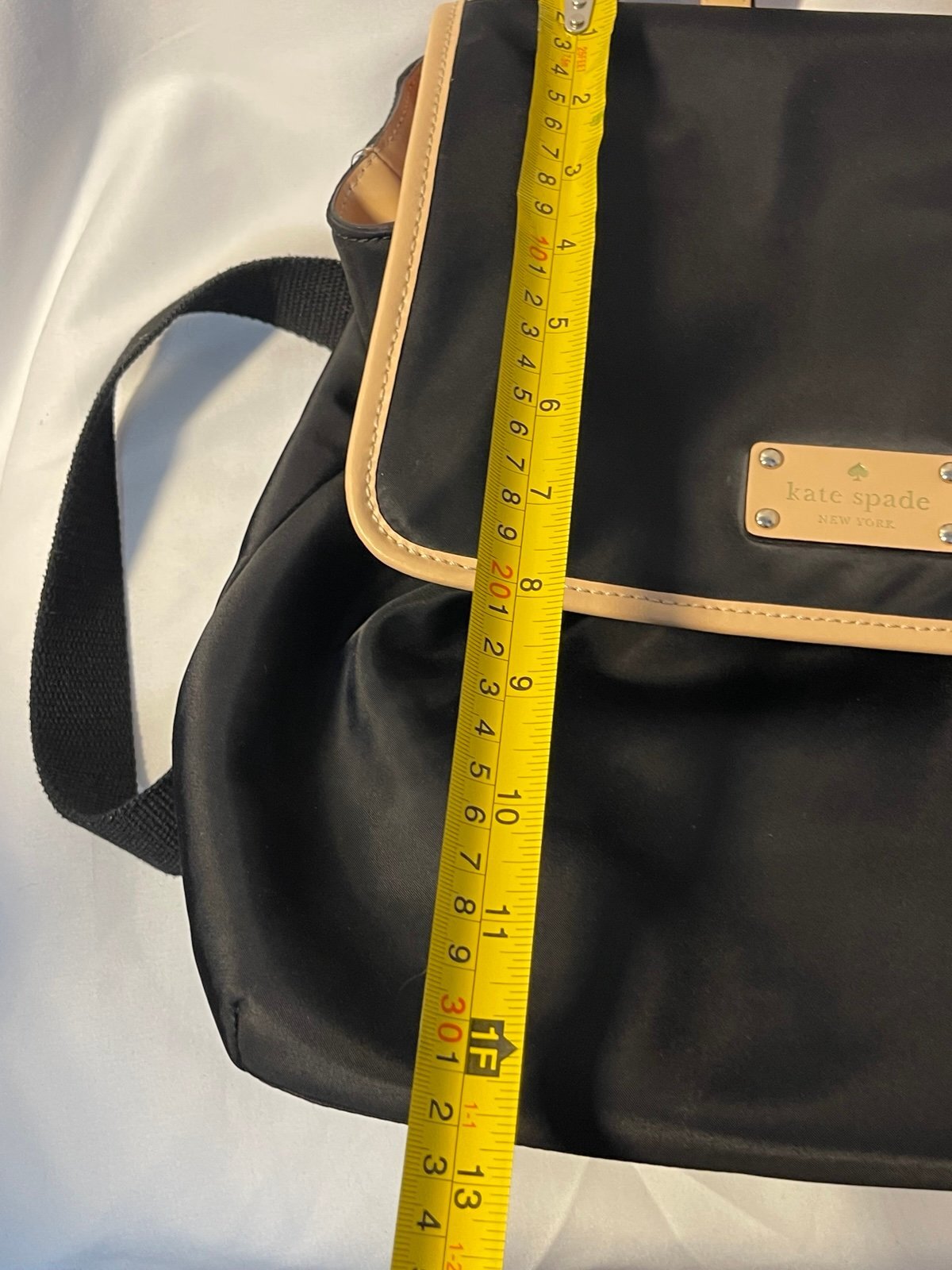 Kate Spade New York Black Nylon Backpack Tan Leather Trim Travel School Bag