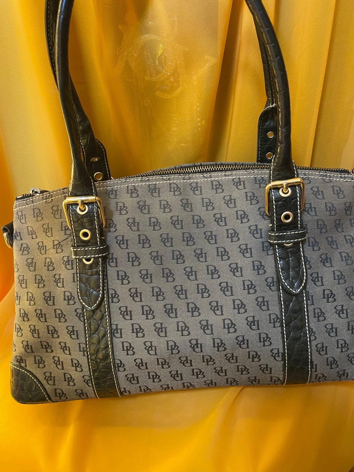 Dooney & Bourke Gray Black DB Monogram Satchel Shoulder Bag Zip Top