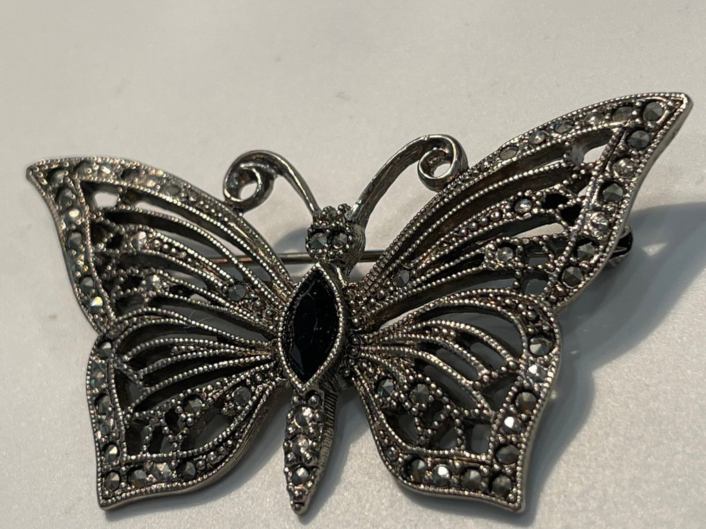 Marcasite & Rhinestone Filigree Design Butterfly Brooch