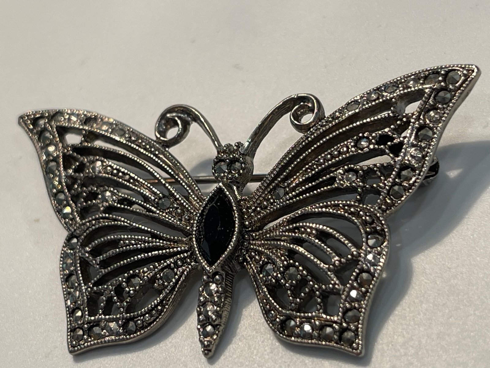 Marcasite & Rhinestone Filigree Design Butterfly Brooch