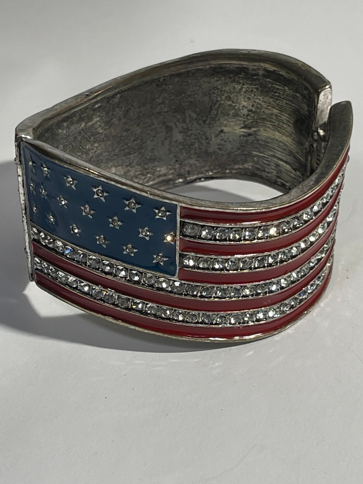 American Flag Gunmetal Tone Rhinestone & Enamel Hinge Cuff Bracelet