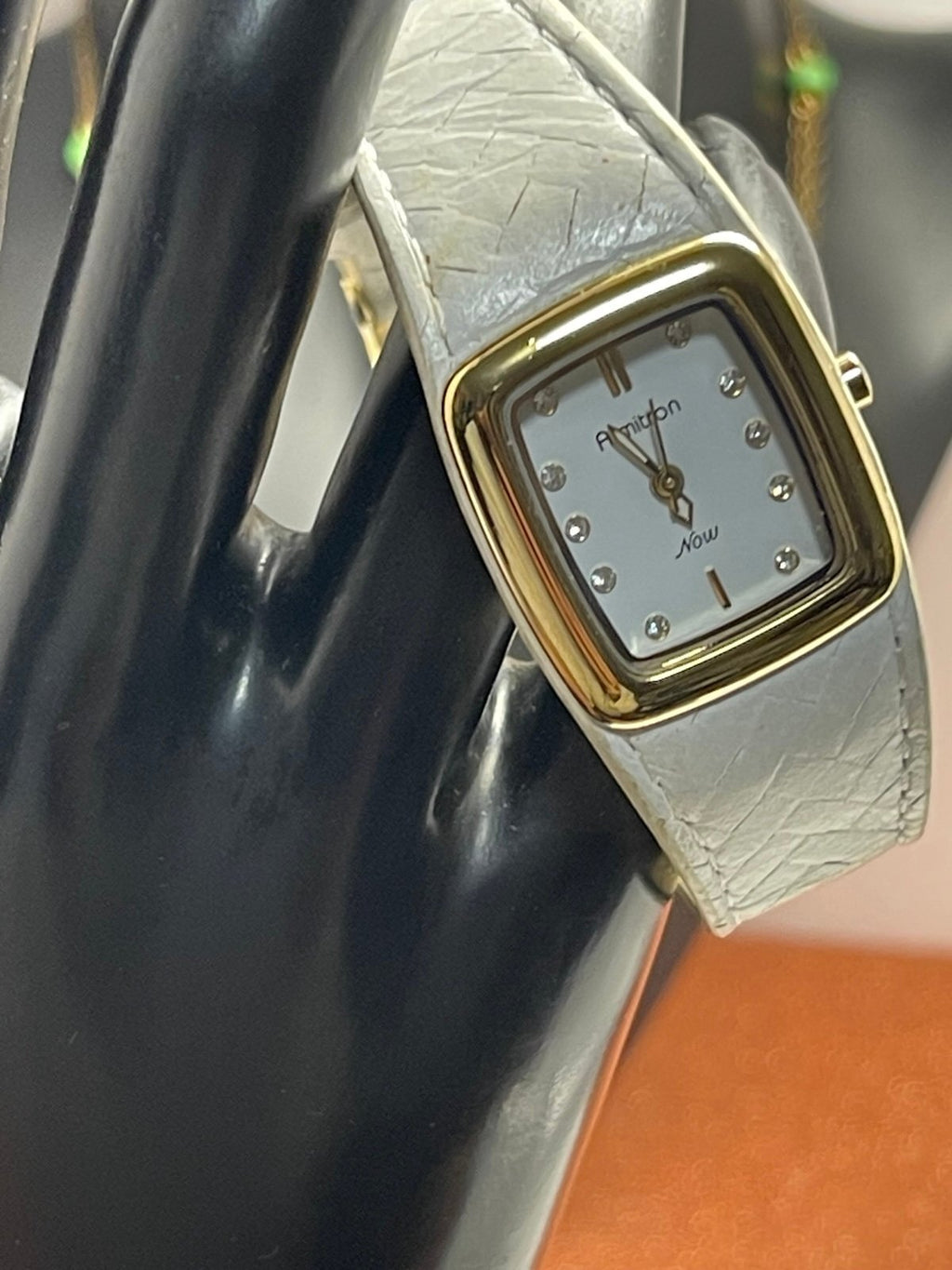 Armitron Now Ladies Goldtone Bezel Rhinestone Accent Dial White Leather Band