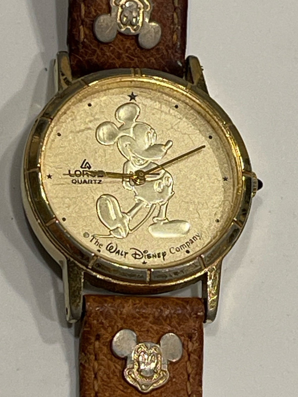 Mickey Mouse Lorus Watch Gold-tone Bezel Leather Band w/Mickey Emblems