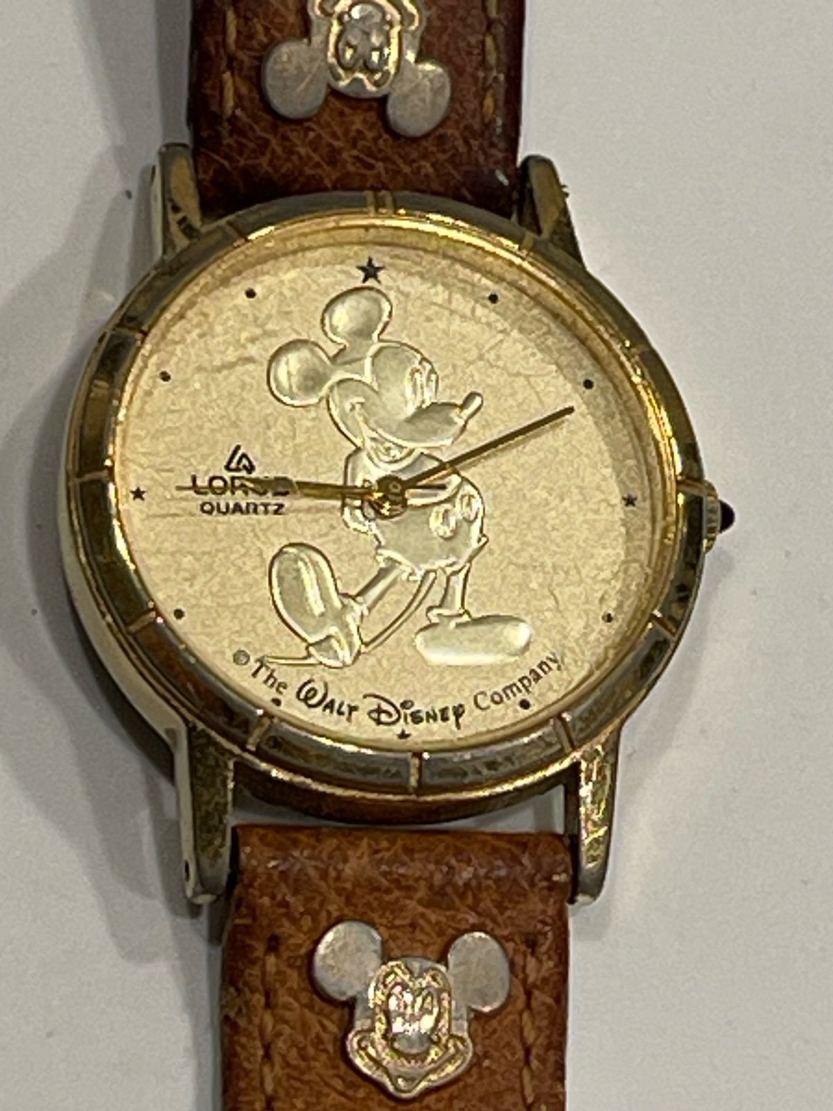 Mickey Mouse Lorus Watch Gold-tone Bezel Leather Band w/Mickey Emblems