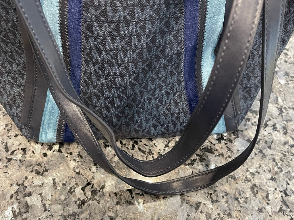 Michael Kors Large MK Monogram Tote Bag Blue Stripe Shoulder Bag