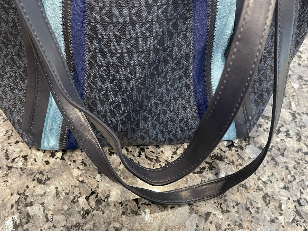 Michael Kors Large MK Monogram Tote Bag Blue Stripe Shoulder Bag