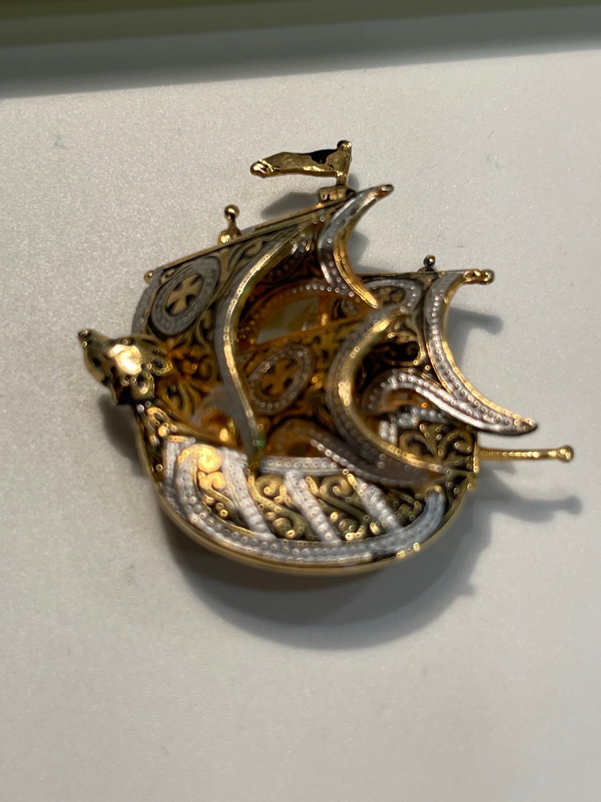 Vintage Damascene Spain Sailing Ship Brooch/Pin