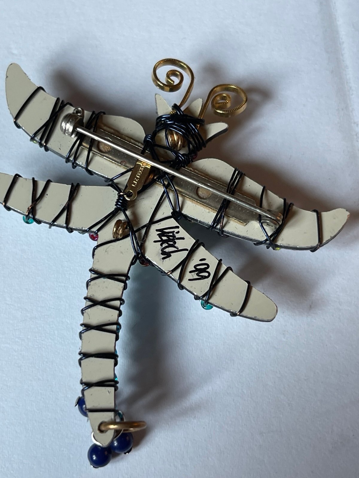 Liztech 1999 Dragonfly Brooch Pin Signed Handmade Wire Wrapped Beaded Artisan