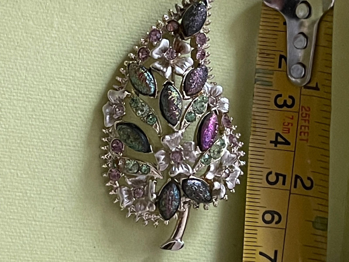 Vintage Florenza Iridescent Foiled Stone Leaf Brooch & Clip Earrings Set