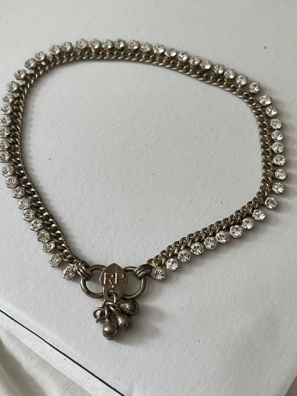 Vintage Asian Tribal Silver Toned Payal Anklet w\Dangle Rhinestones