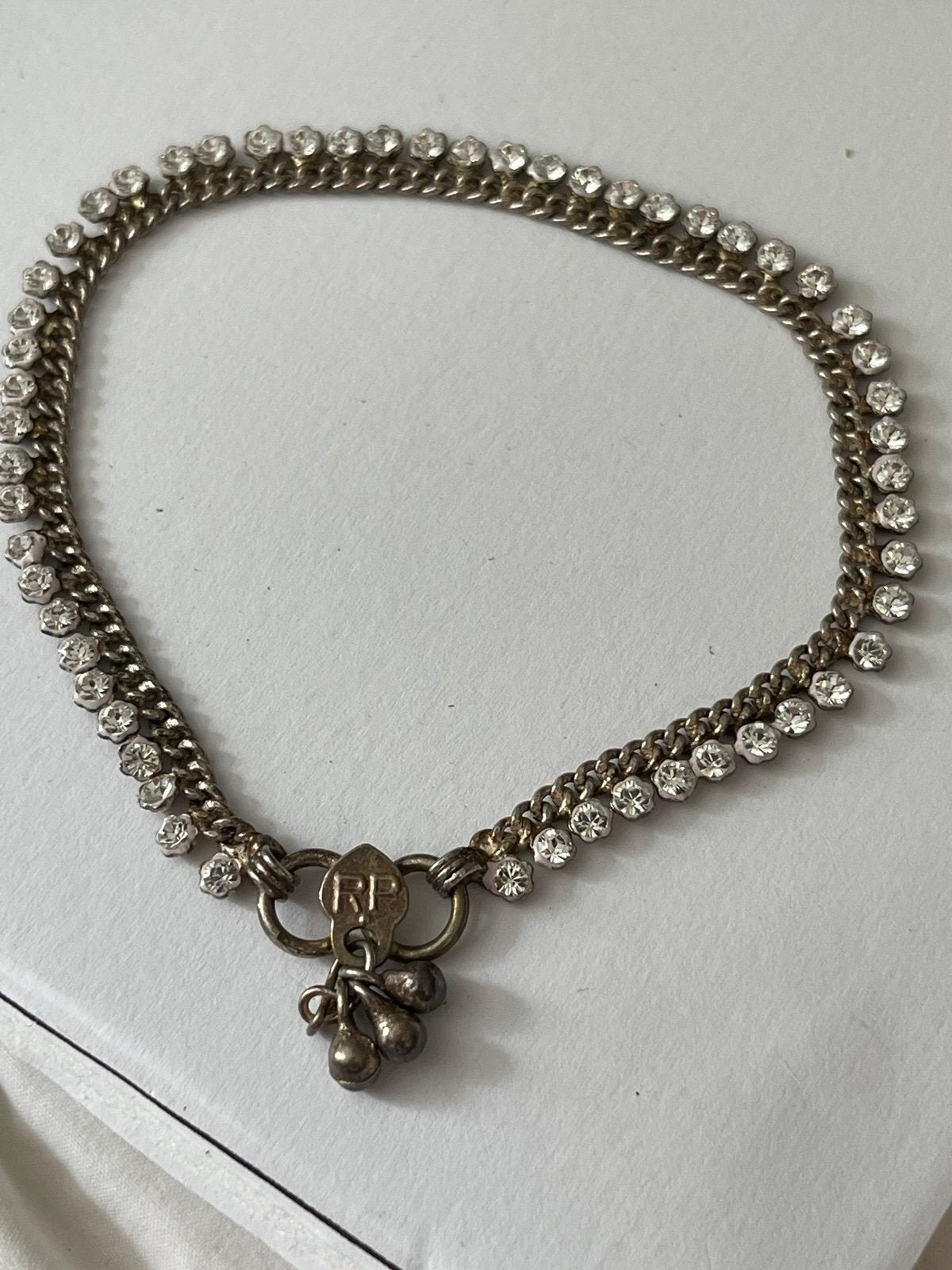 Vintage Asian Tribal Silver Toned Payal Anklet w\Dangle Rhinestones