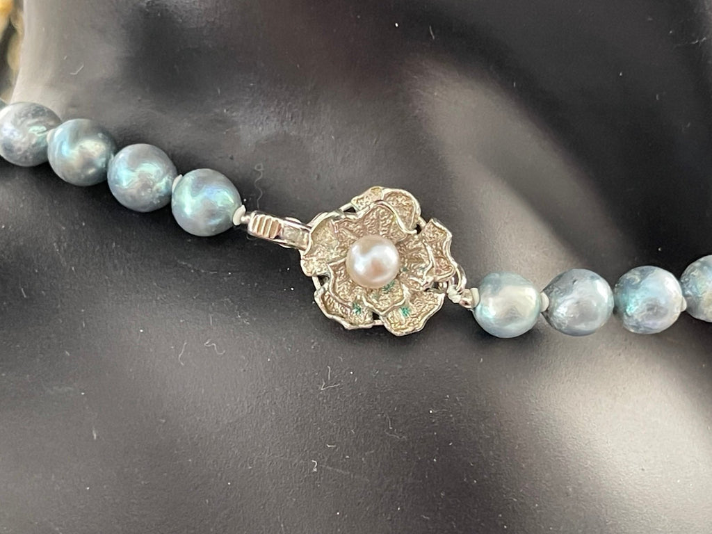 Vintage Light Blue Cultured Pearls with Sterling Silver Floral Clasp