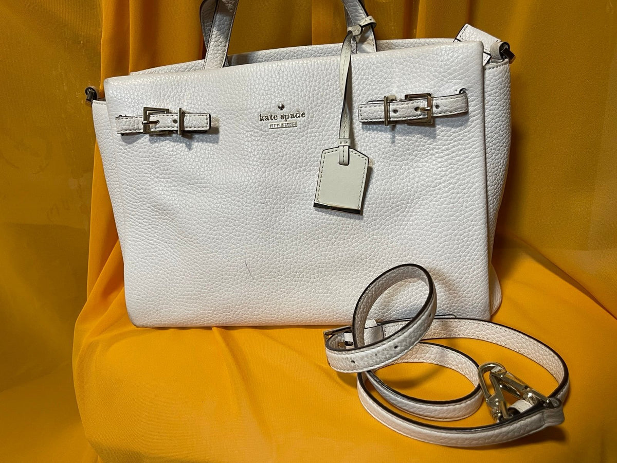 Kate Spade Cream Pebbled Leather Satchel Tote Crossbody Bag Belt Detail