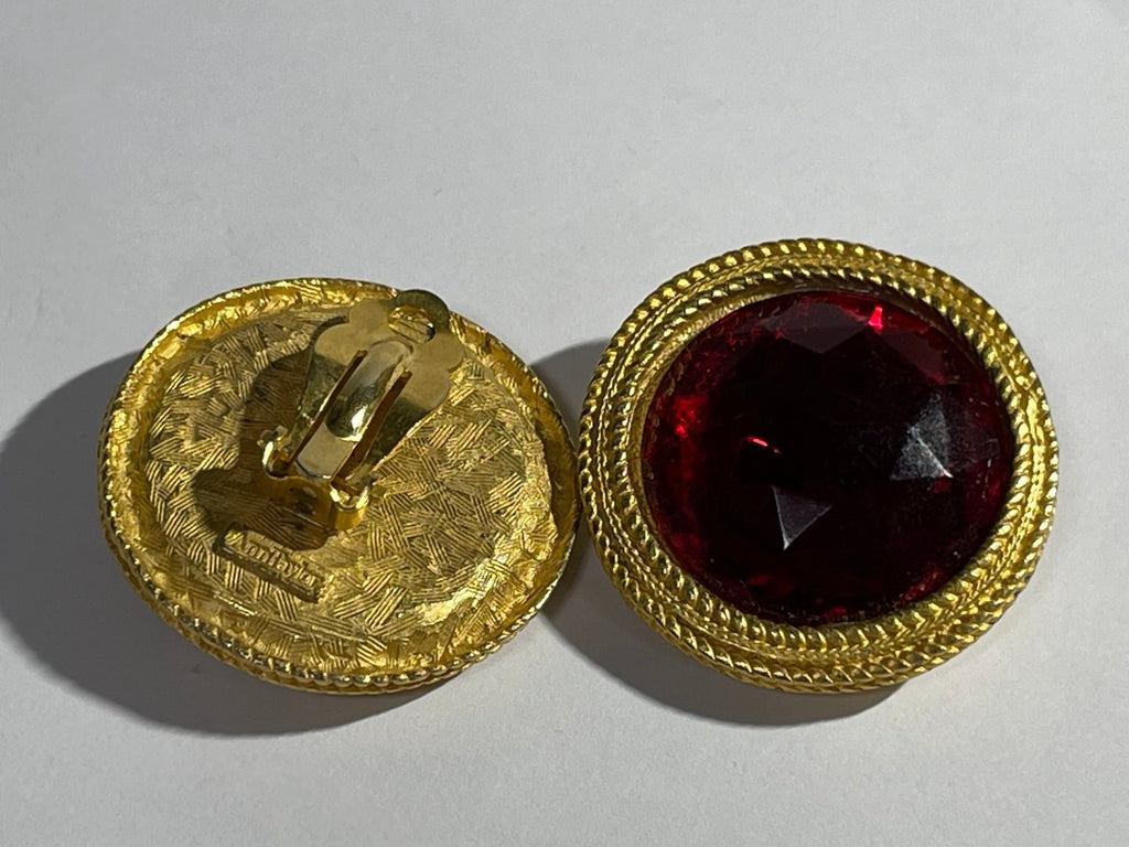 Vintage Ann Taylor Goldtone Red Faceted Crystal Clipon Earrings