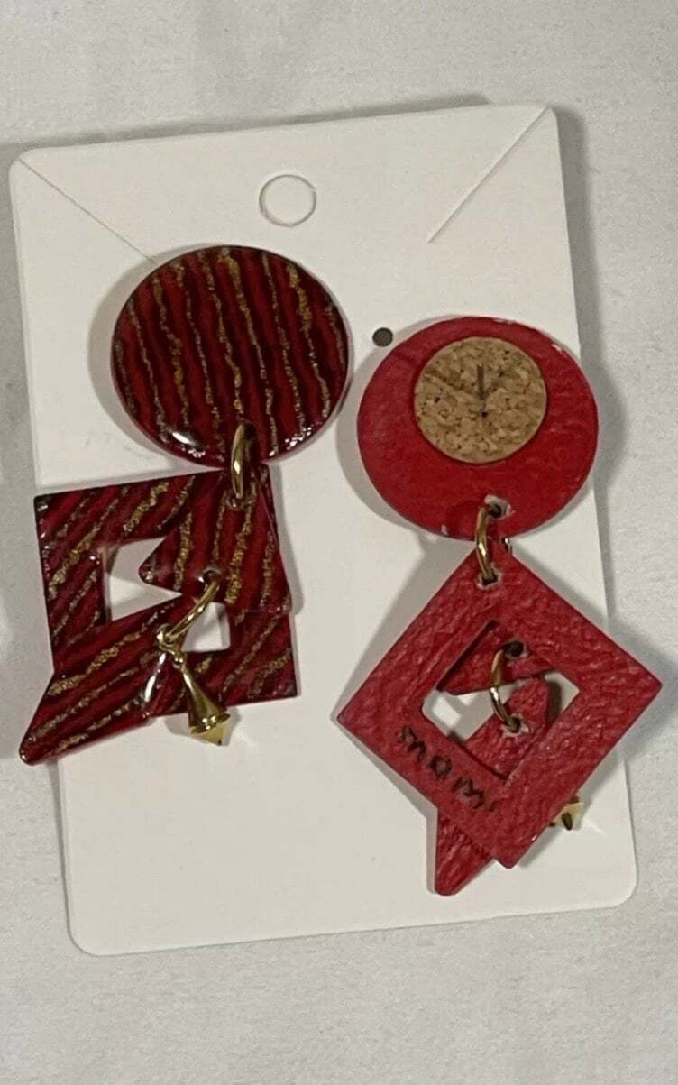 Vintage MAM’ Designs Geometric Resin Statement Earrings (Red & Gold)