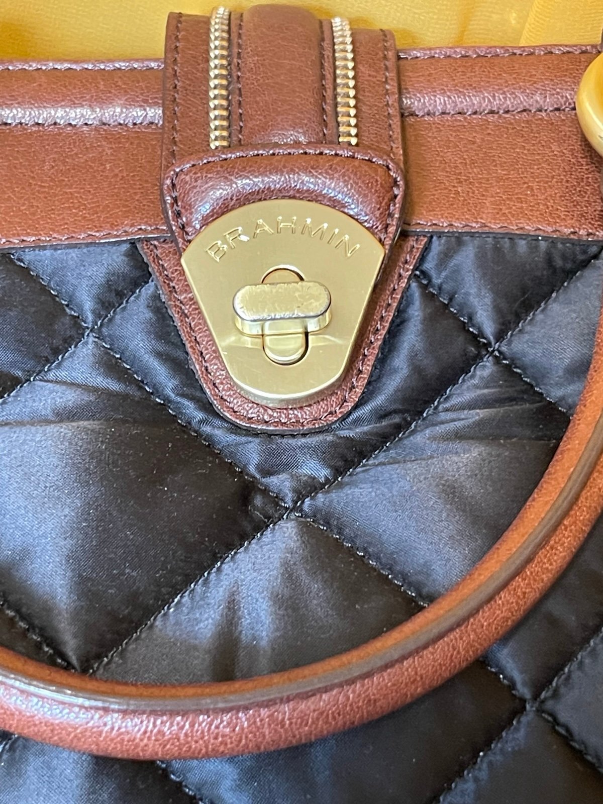 Brahmin Quilted Nylon Satchel Black Brown Leather w/ Dust Bag