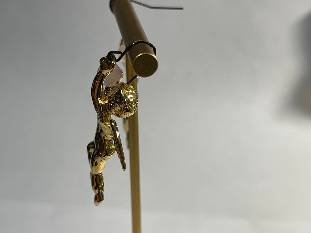 Lee Sands Goldtone Cherub Dangle Earrings with Rose Quartz Orb