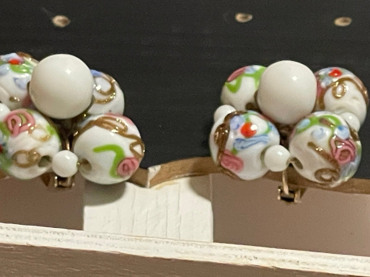 Vintage Hand-Blown Lampwork Italian Wedding Bead Cluster Clip-On Earrings
