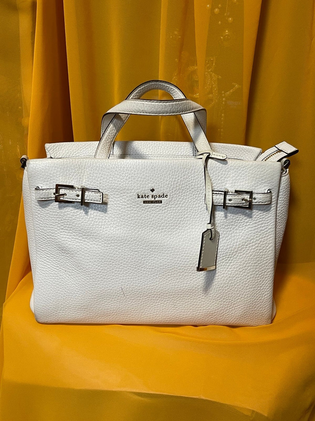 Kate Spade Cream Pebbled Leather Satchel Tote Crossbody Bag Belt Detail