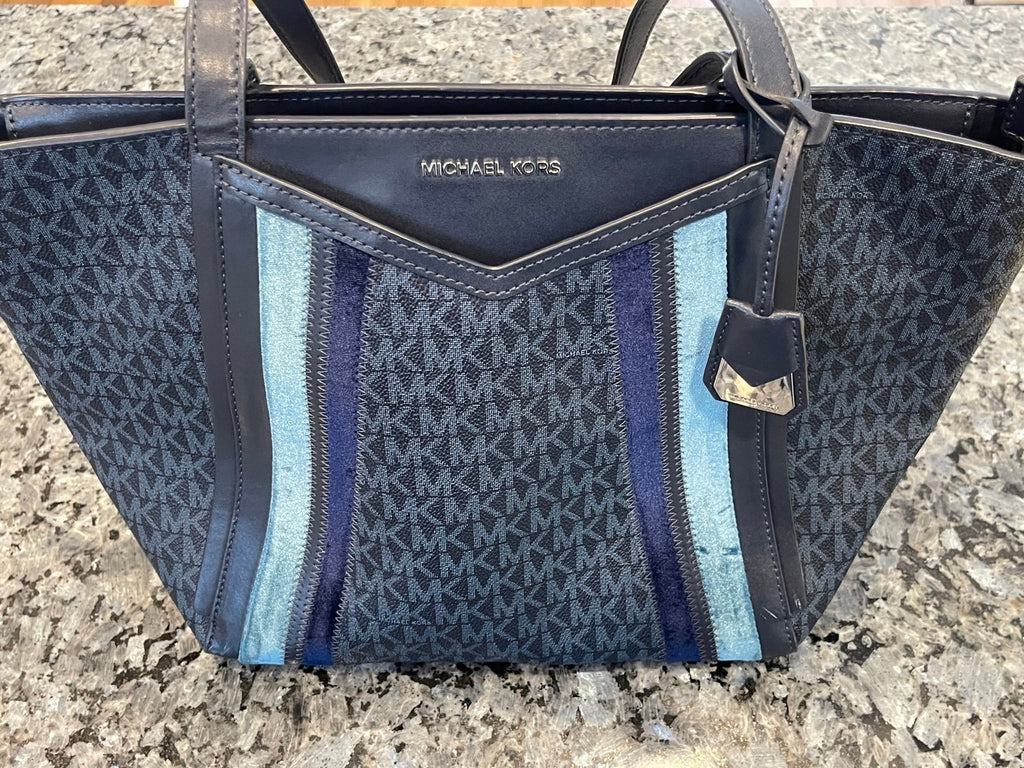 Michael Kors Large MK Monogram Tote Bag Blue Stripe Shoulder Bag