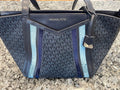 Michael Kors Large MK Monogram Tote Bag Blue Stripe Shoulder Bag
