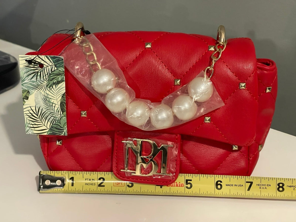 Badgley Mischka Red Quilted Studded Mini Crossbody Bag Pearl Handle NWT