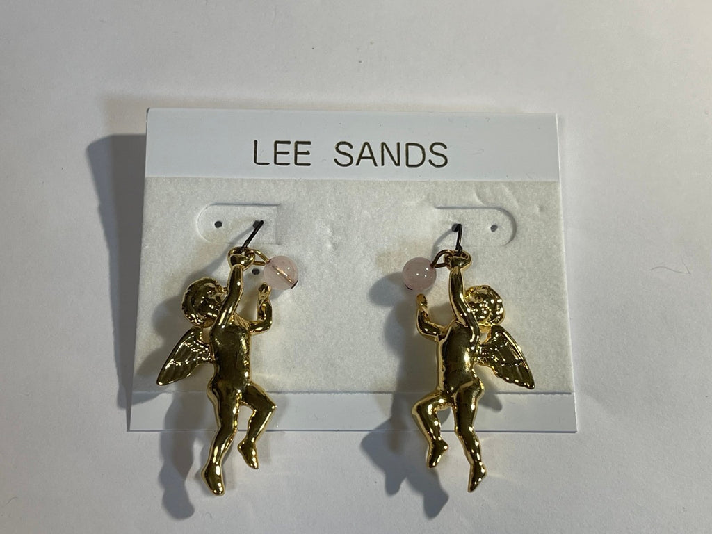 Lee Sands Goldtone Cherub Dangle Earrings with Rose Quartz Orb