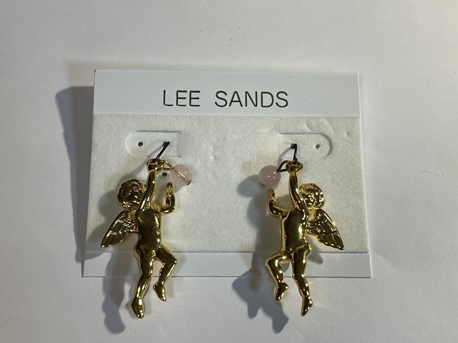 Lee Sands Goldtone Cherub Dangle Earrings with Rose Quartz Orb