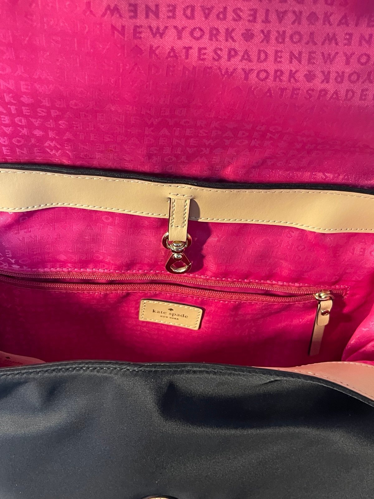 Kate Spade New York Black Nylon Backpack Tan Leather Trim Travel School Bag