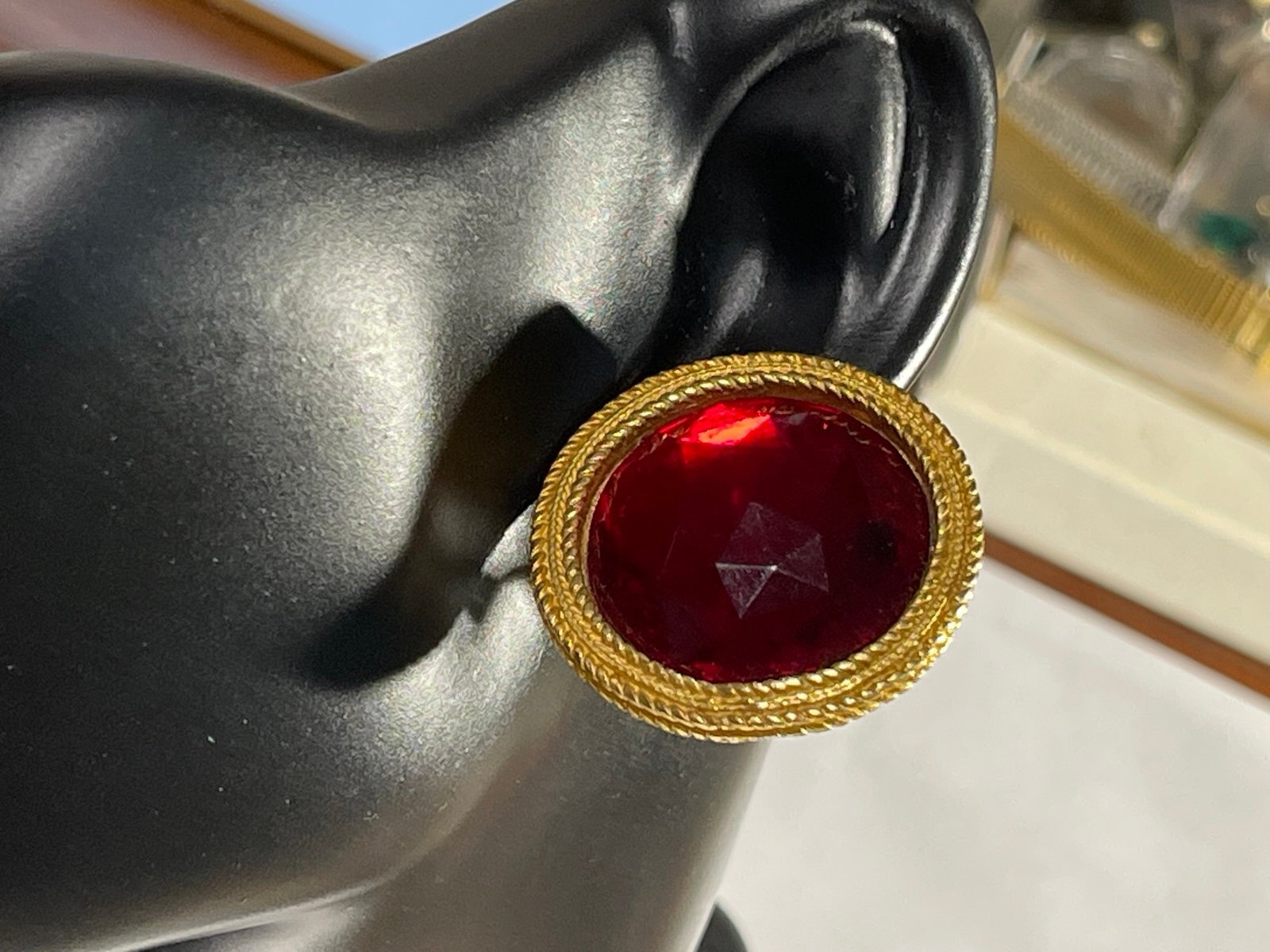 Vintage Ann Taylor Goldtone Red Faceted Crystal Clipon Earrings
