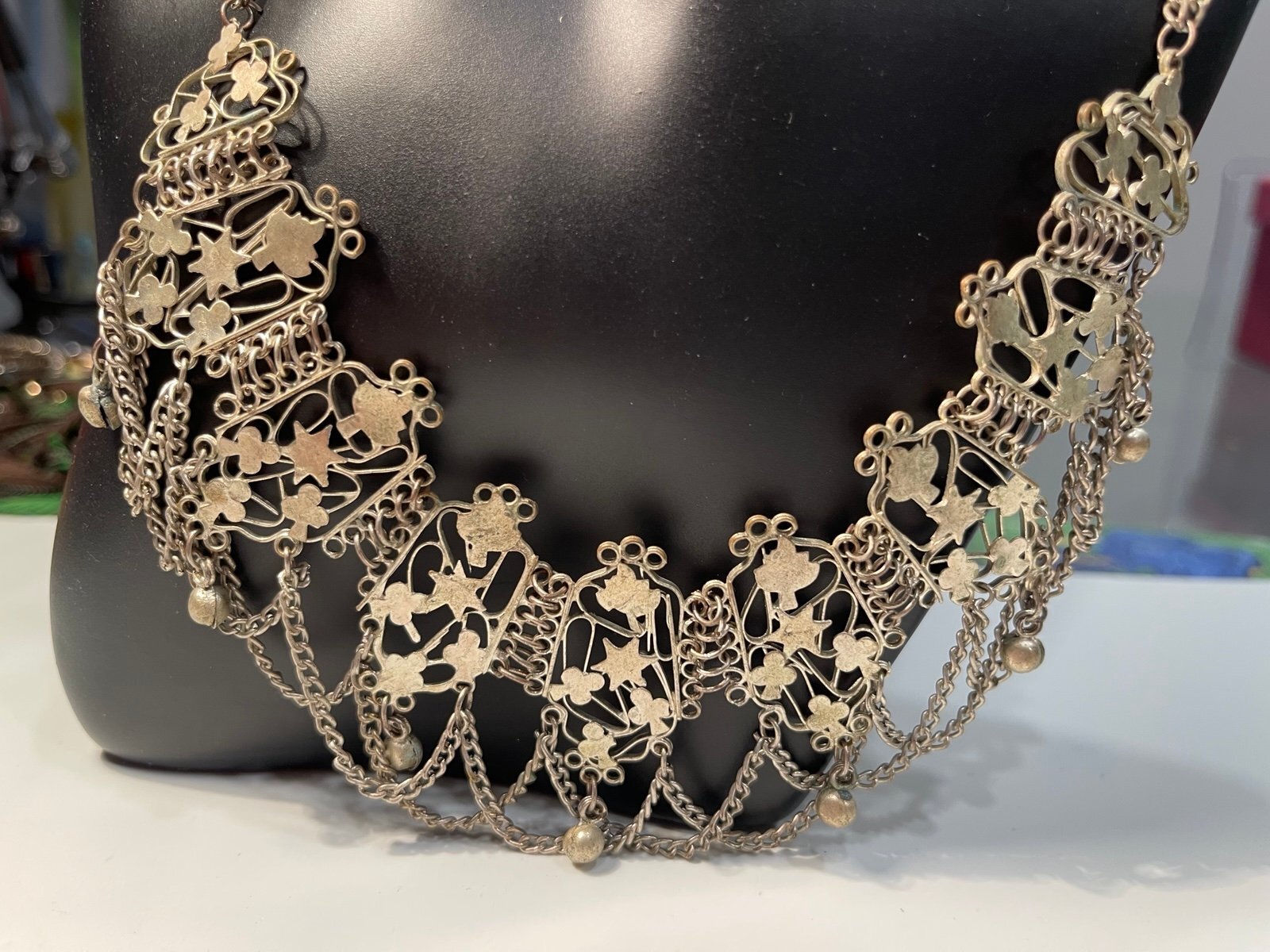Vintage Silver-Tone Ornate Filigree Necklace w/Floral Motifs