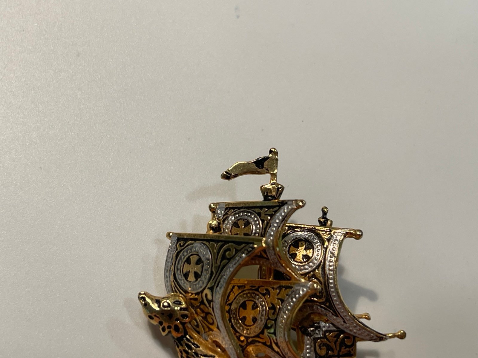 Vintage Damascene Spain Sailing Ship Brooch/Pin