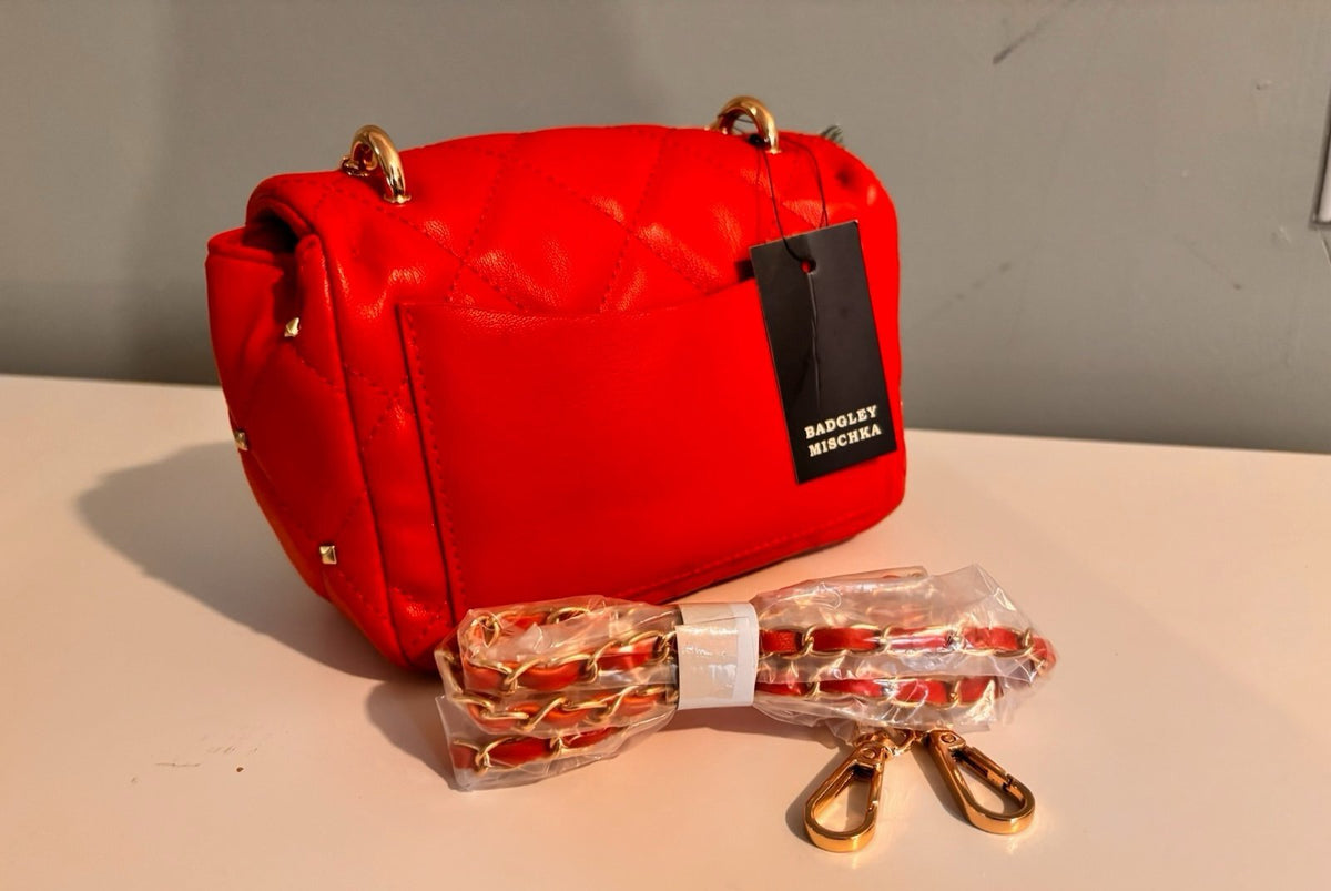 Badgley Mischka Red Quilted Studded Mini Crossbody Bag Pearl Handle NWT