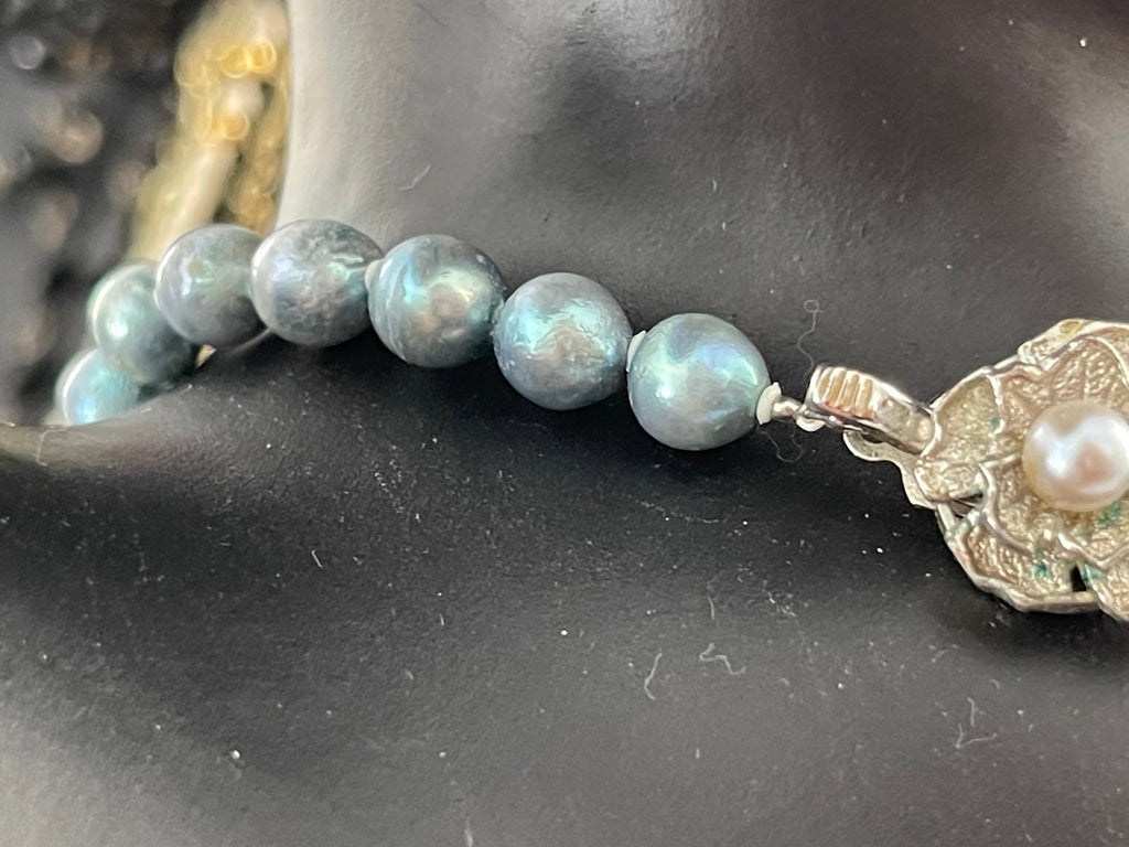 Vintage Light Blue Cultured Pearls with Sterling Silver Floral Clasp