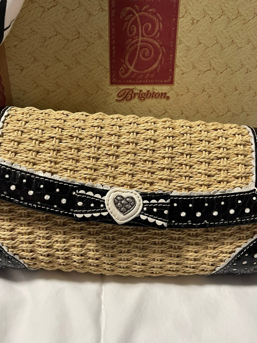 Brighton Straw Woven Heart Crossbody Clutch Bag Polka Dot Leather Trim w/ Box