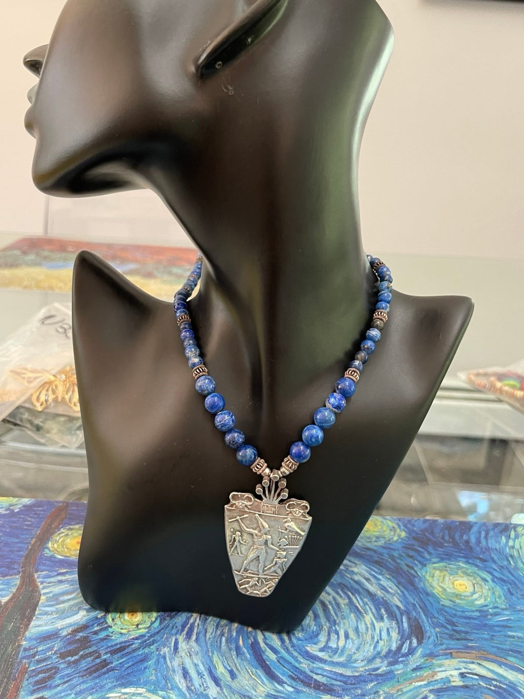 21” Lapis Lazuli Beaded Necklace w/ .925 Sterling Clasp & Egyptian Revival Piece